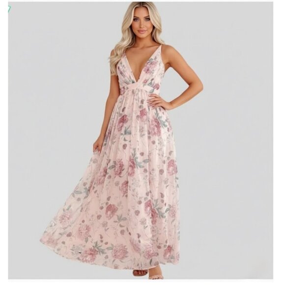 Floral Deep V-Neck Sleeveless High Waist Pleated Backless Spaghetti Strap Dress - Picture 2 of 8